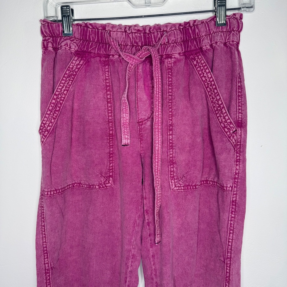 Anthropologie Linen Blend Paperbag Joggers XS Petite Pink Relaxed Boho Lagenlook - Picture 2 of 12
